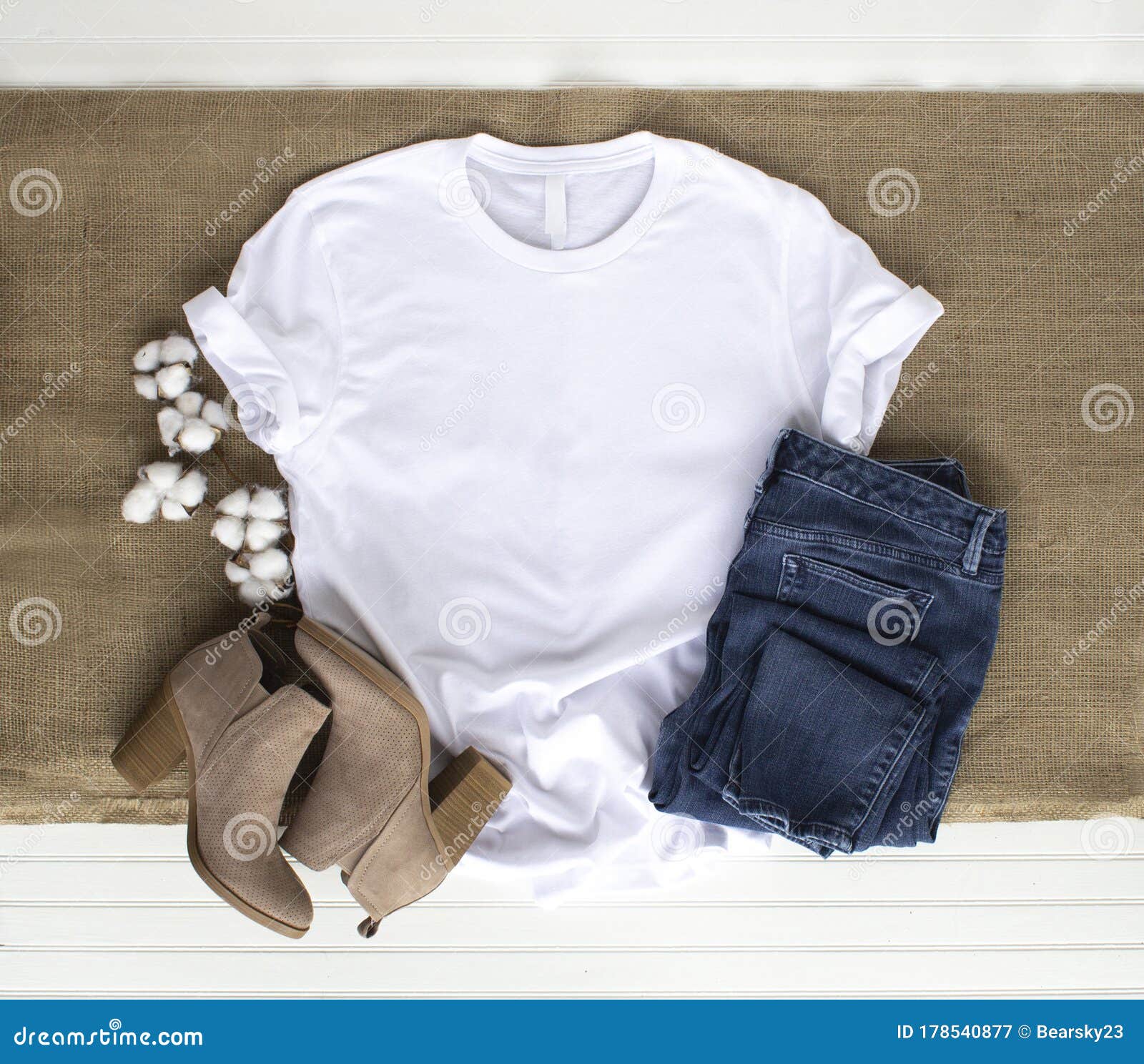 Download White Shirt Mockup - Tshirt With Cotton Plant, Burlap ...