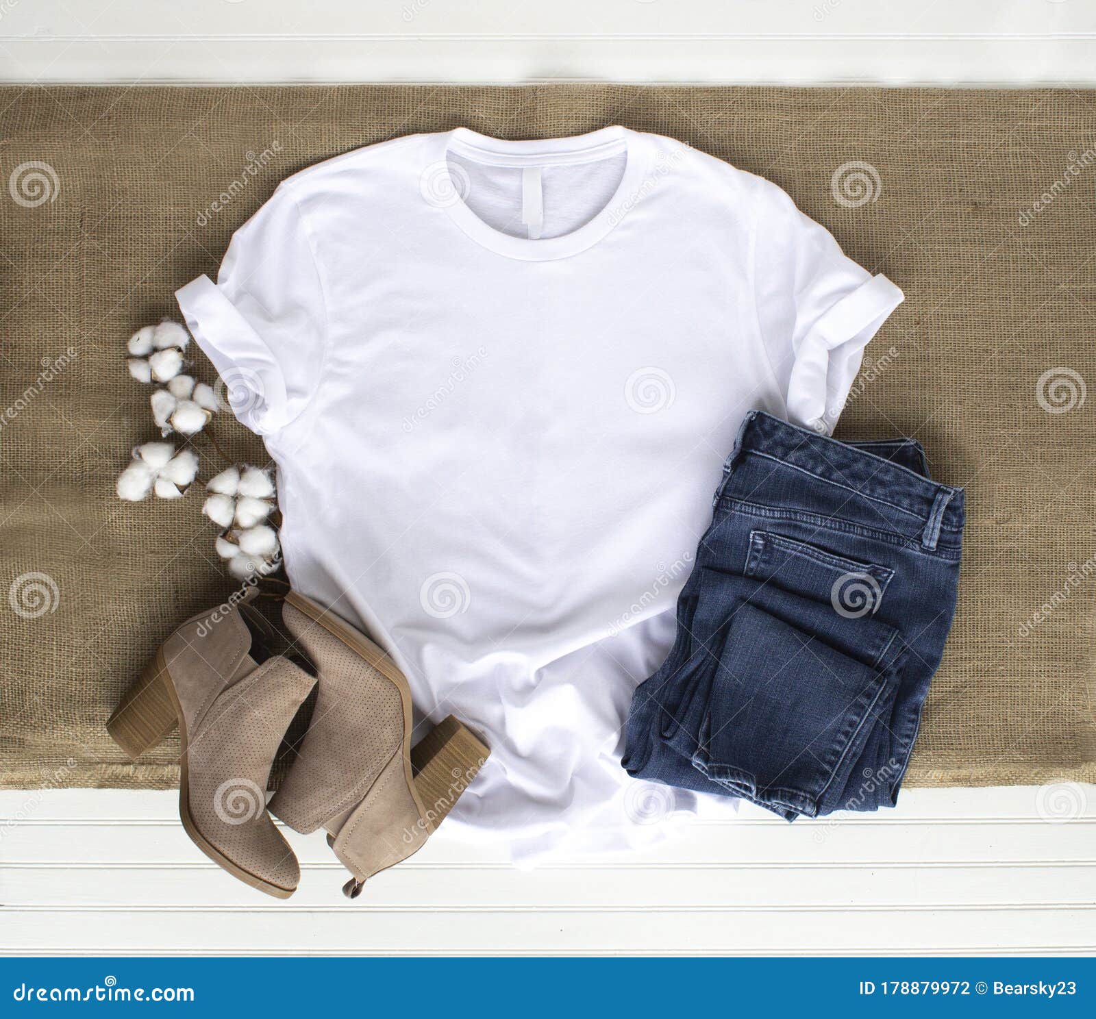 white shirt mockup - tshirt with cotton plant, burlap, boots & jeans