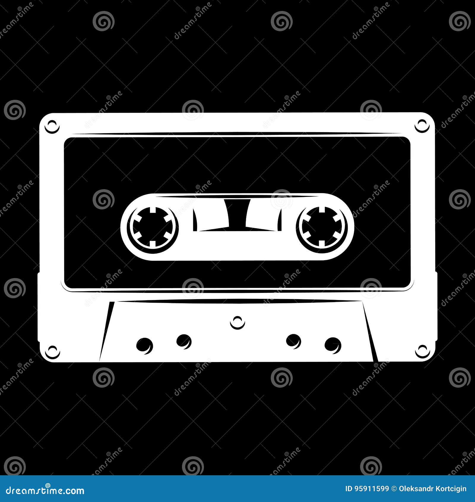 White Silhouette of Audio Cassette on Black Background. Vector