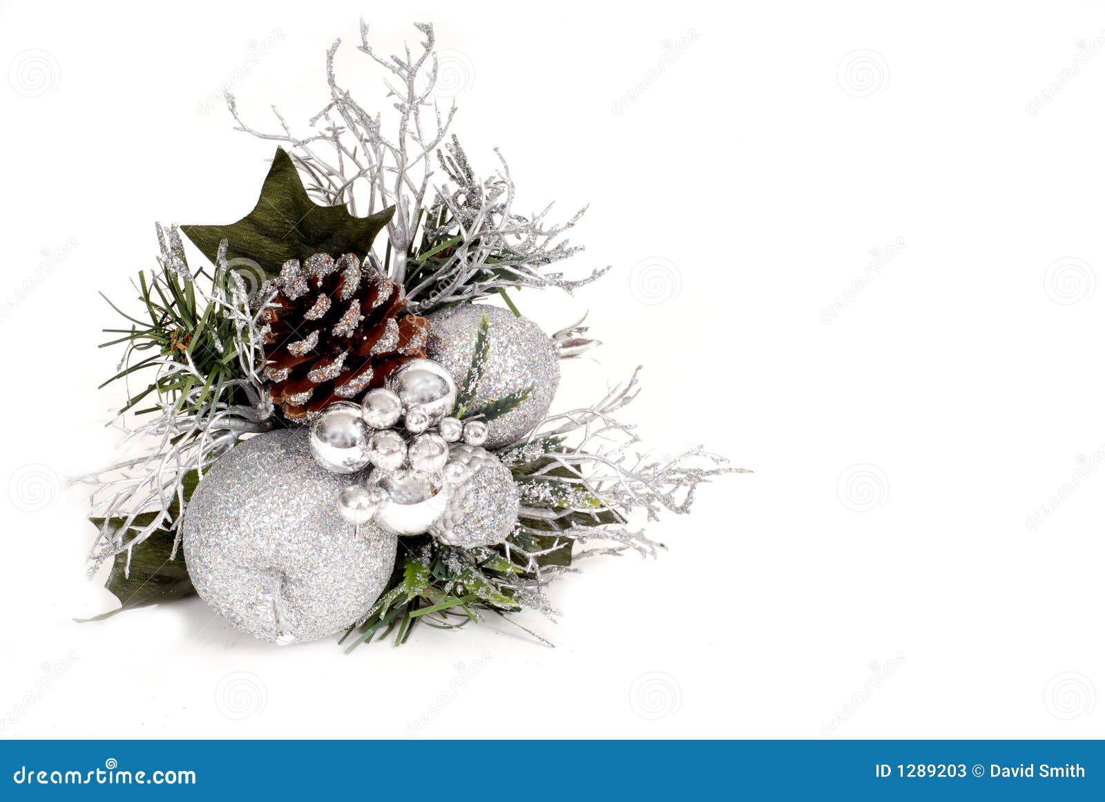 White, Silver and Green Christmas Ornament with Pine Cone Stock Image