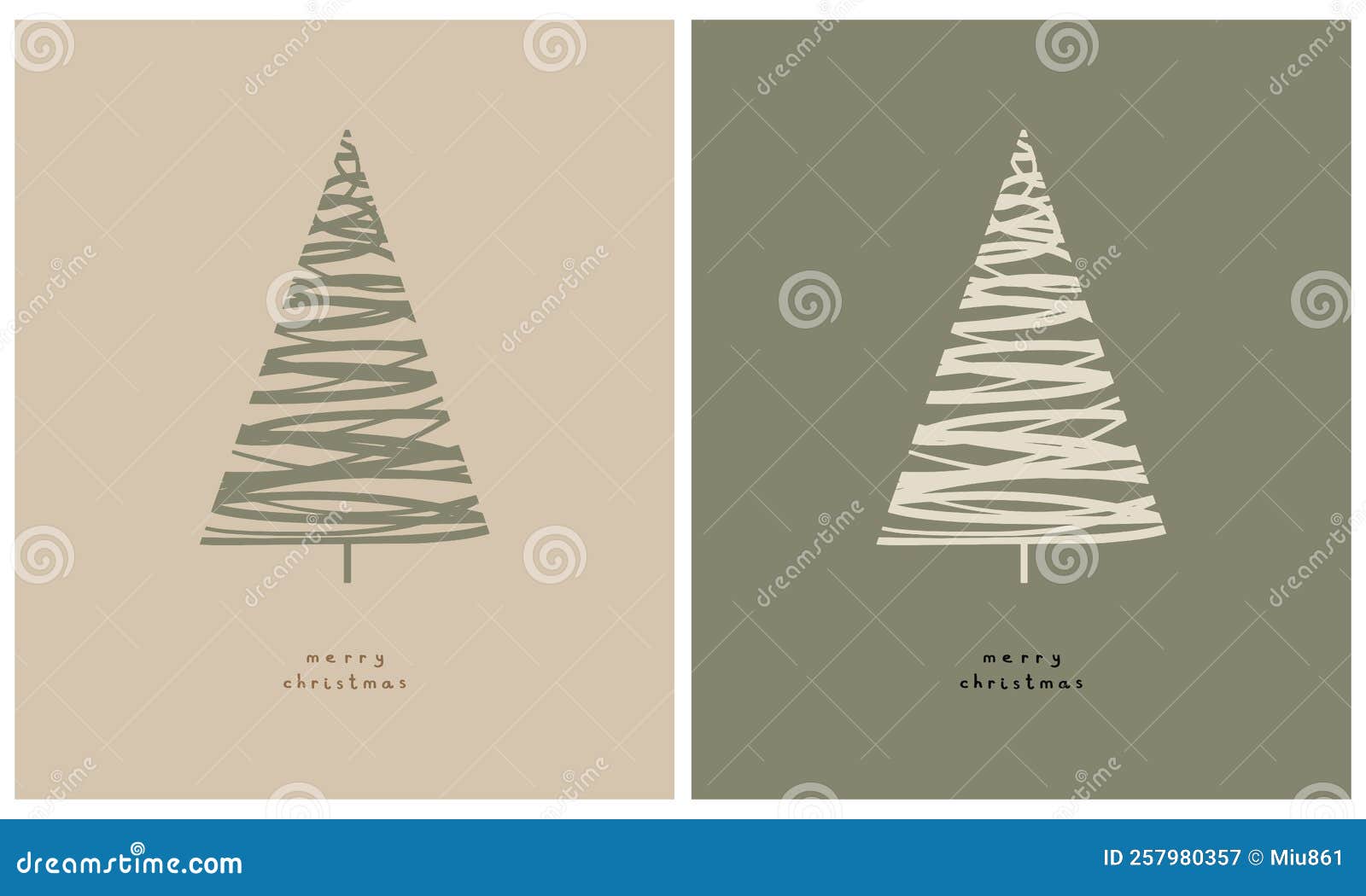 merry christmas  card. simple christmas tree  on a beige and green background.