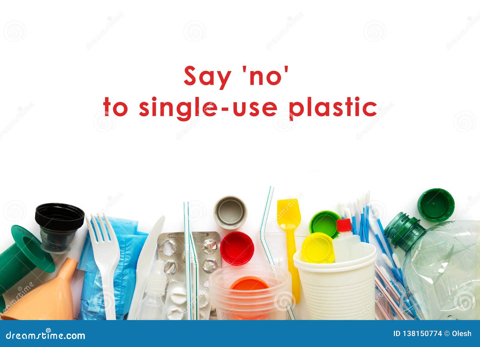 white single-use plastic and other plastic items on a white background