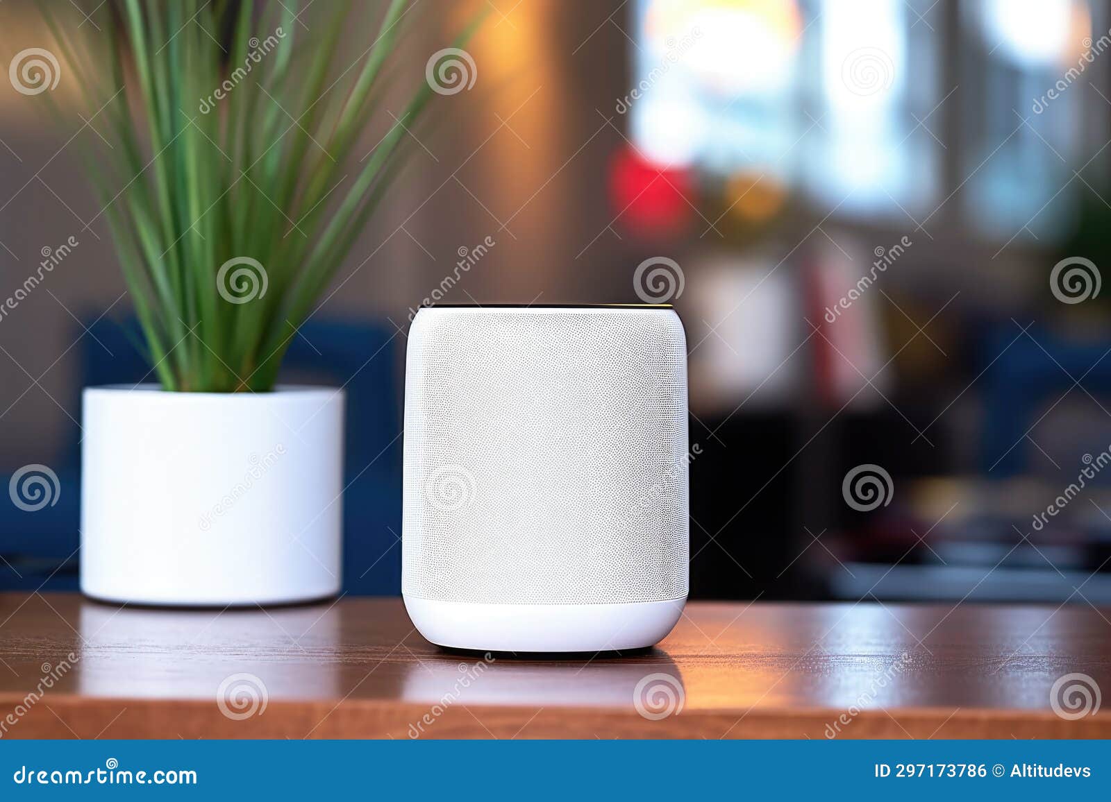 A White Smart Speaker on the Corner of an Office Desk Stock Photo Image of workspace