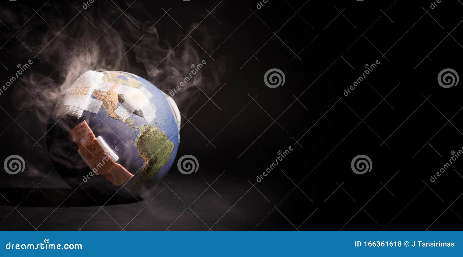 white smoke cover around the globe world full of bandages, demonstrating impact of global warming, climate change, pollution.