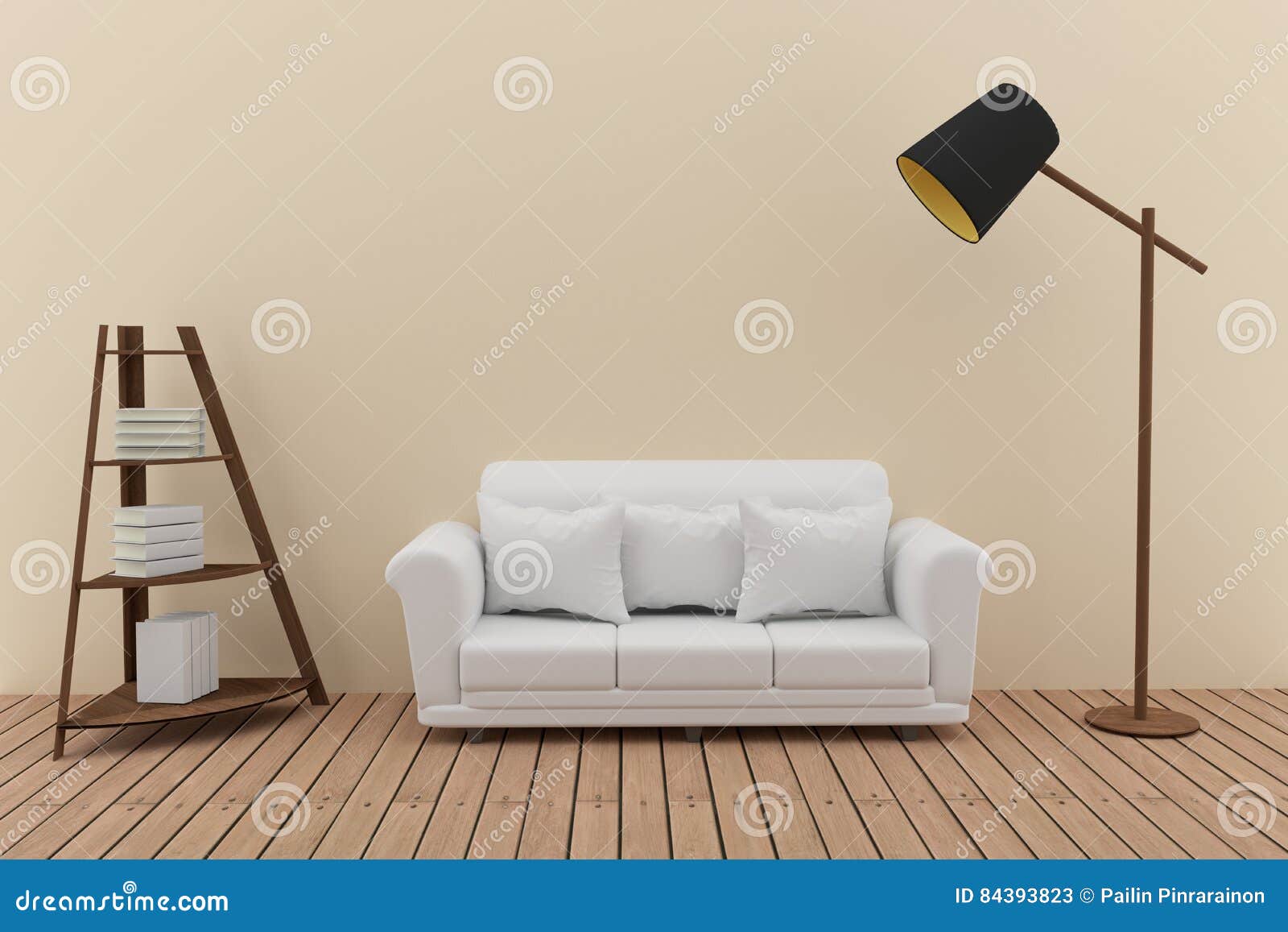 White Sofa Decorate With Bookshelf And Lamp In The Green Room