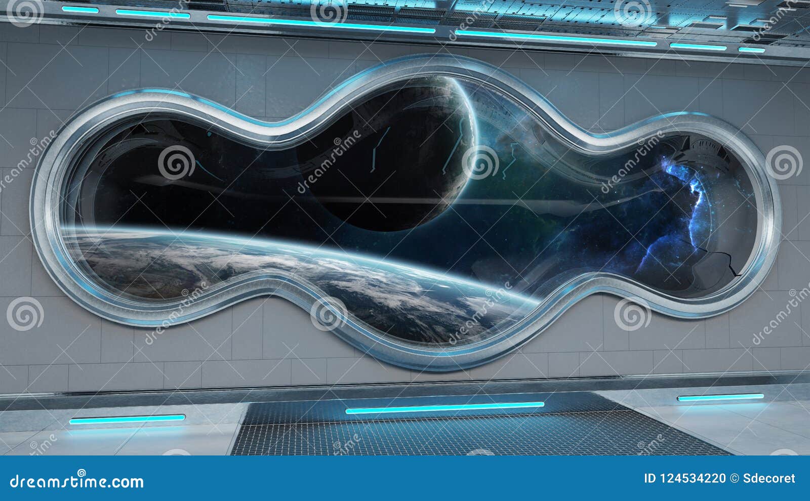 White Spaceship Interior With Large Window View 3d Rendering