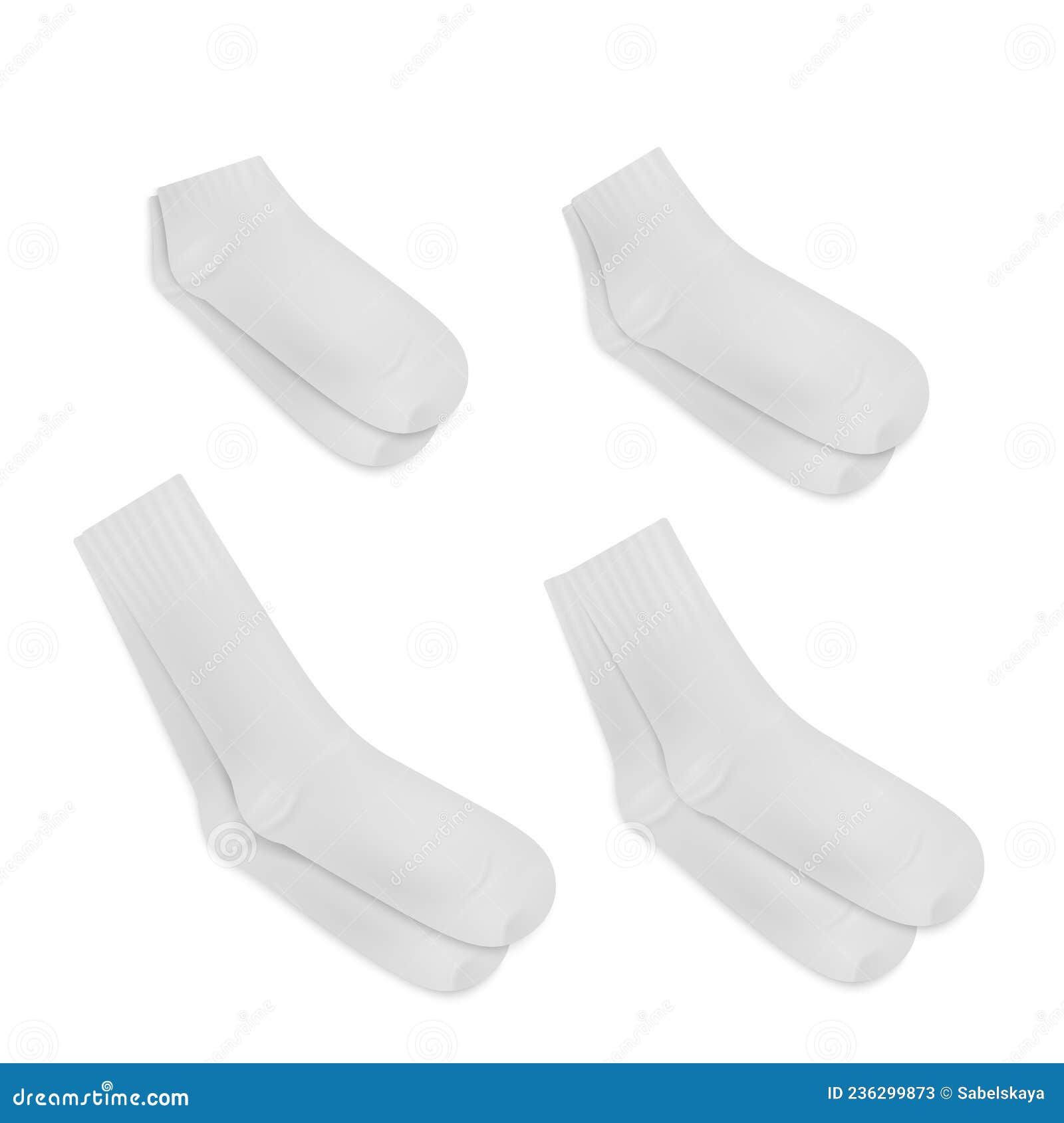 White Sport Socks Vector Mockup. Calf, Ankle, Low Cut and Middle Length ...