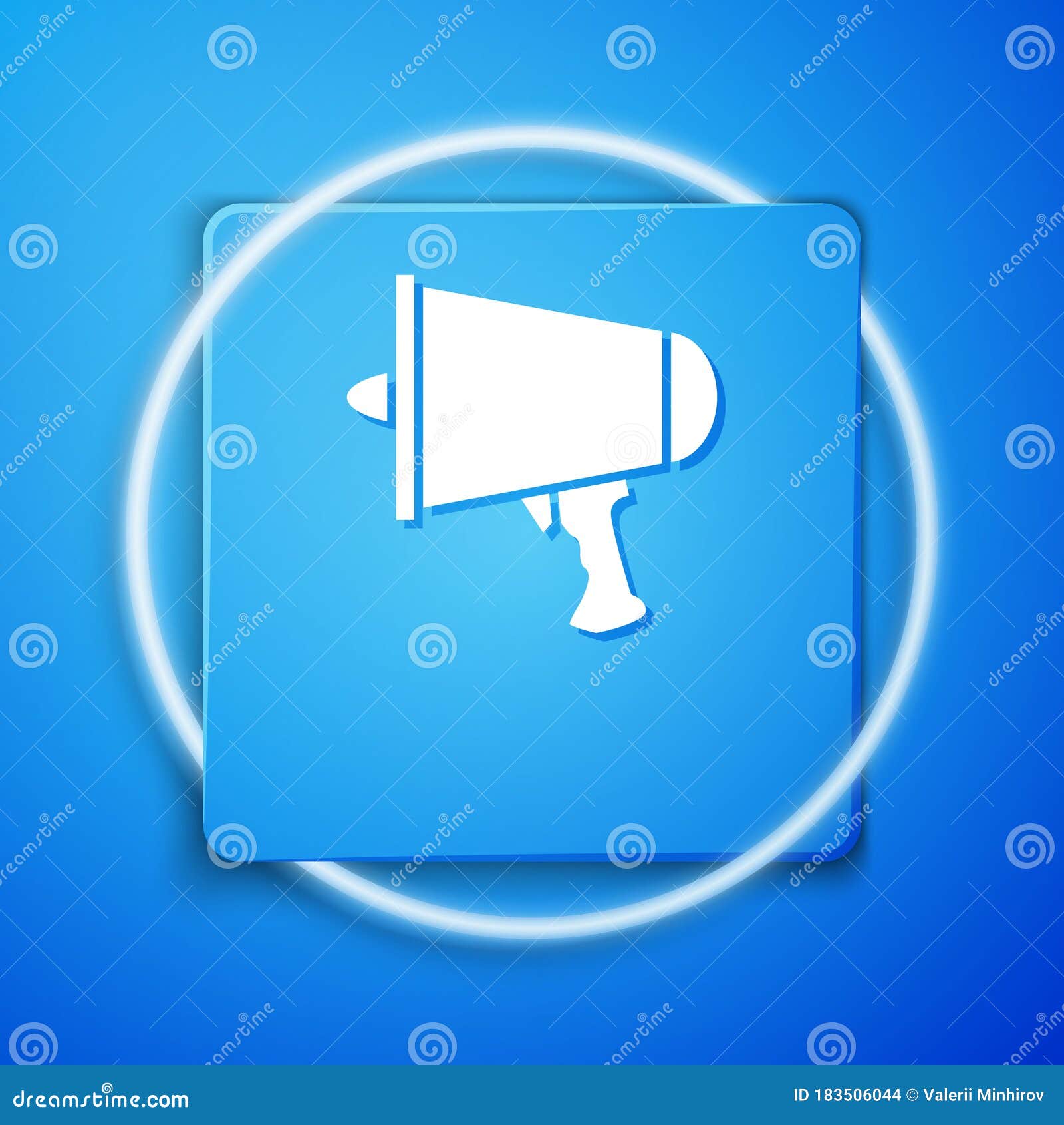 White Spread the Word, Megaphone Icon Isolated on Blue Background. Blue