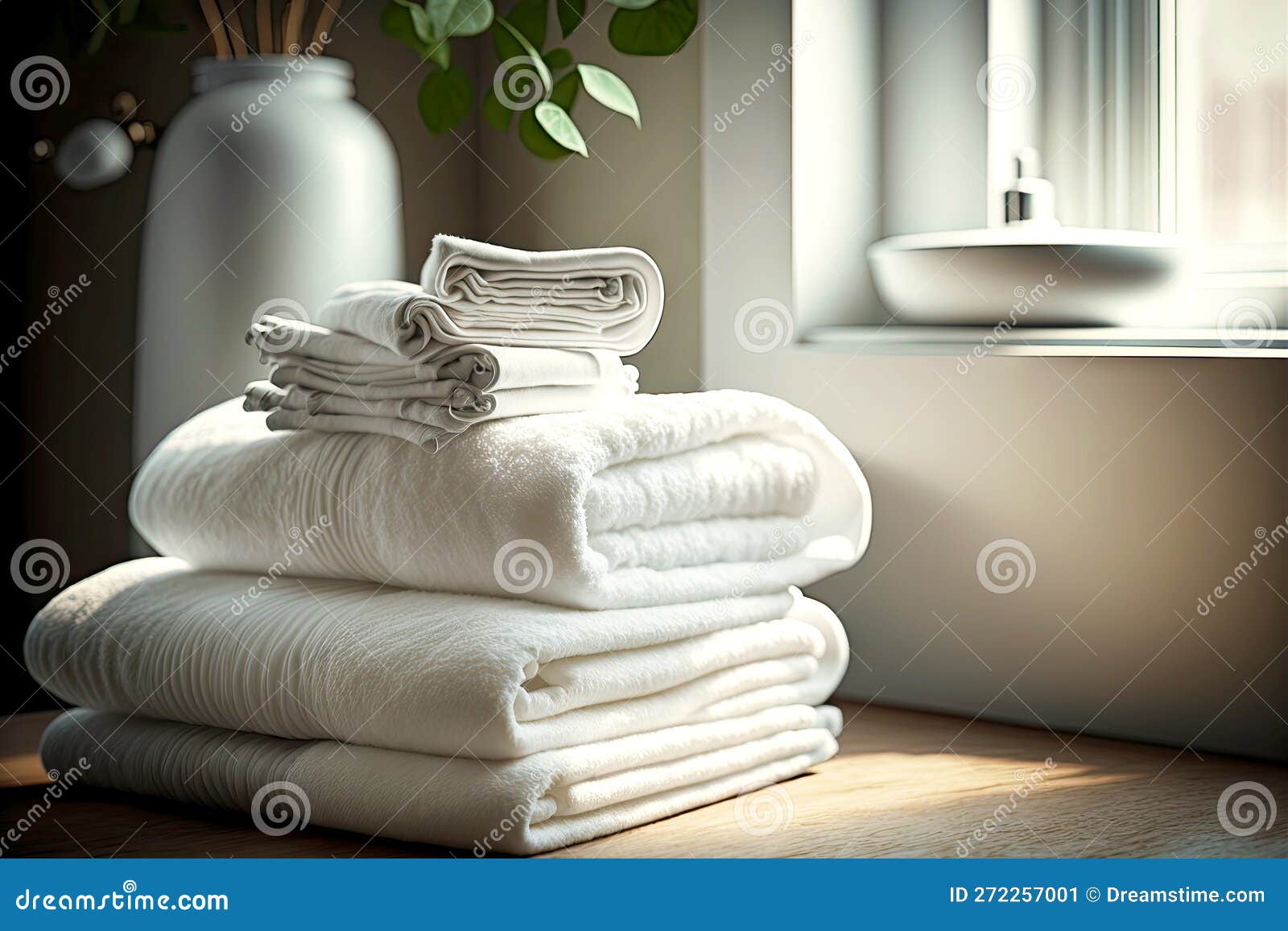 White Stack White Clean Bath Towels Neatly Folded on Table Stock