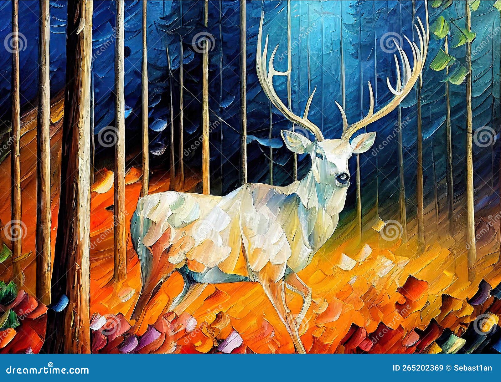 white stag, dear colorful oil knife painting