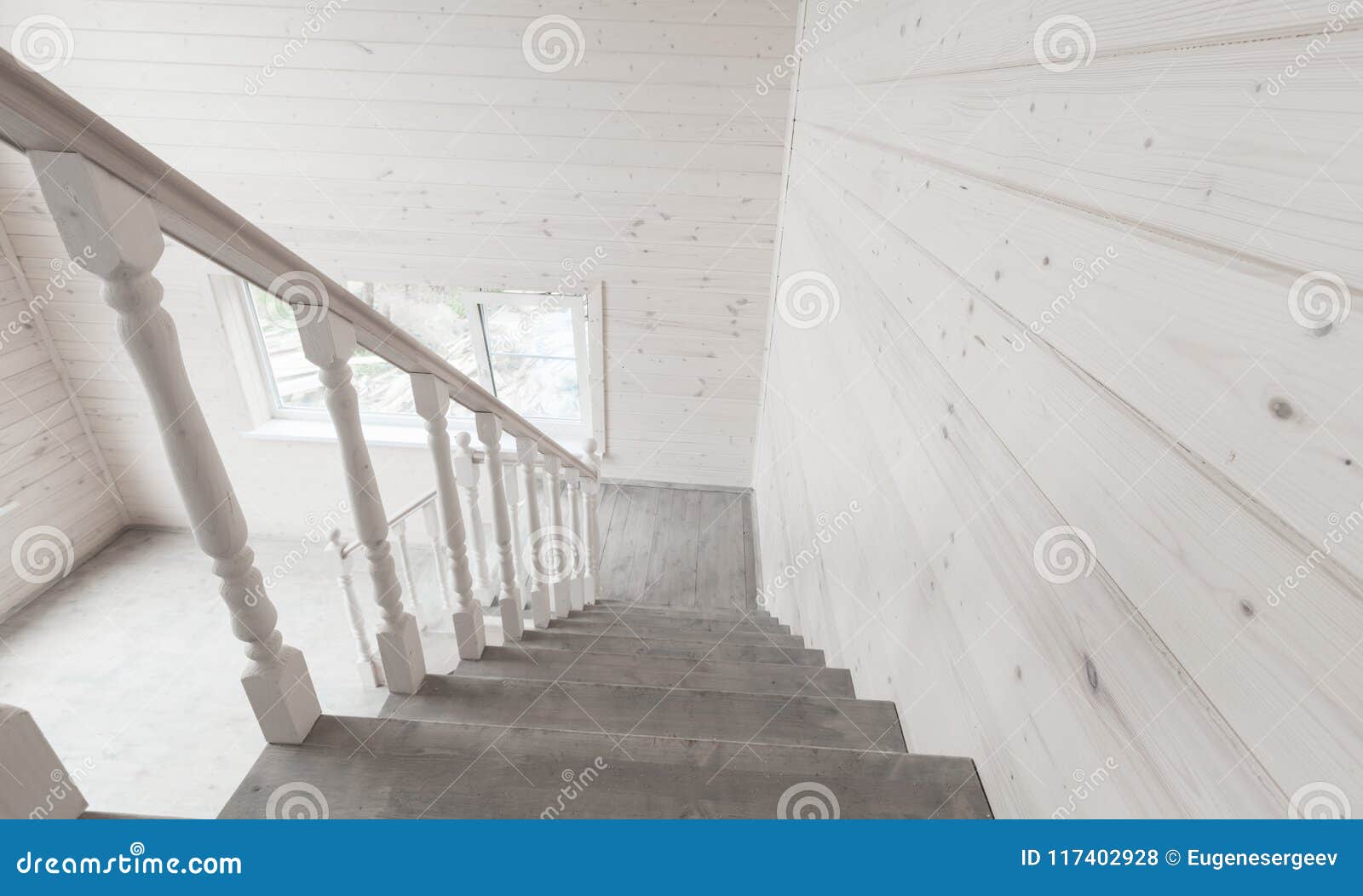 White Stairway Railings Empty Wooden House Stock Photo