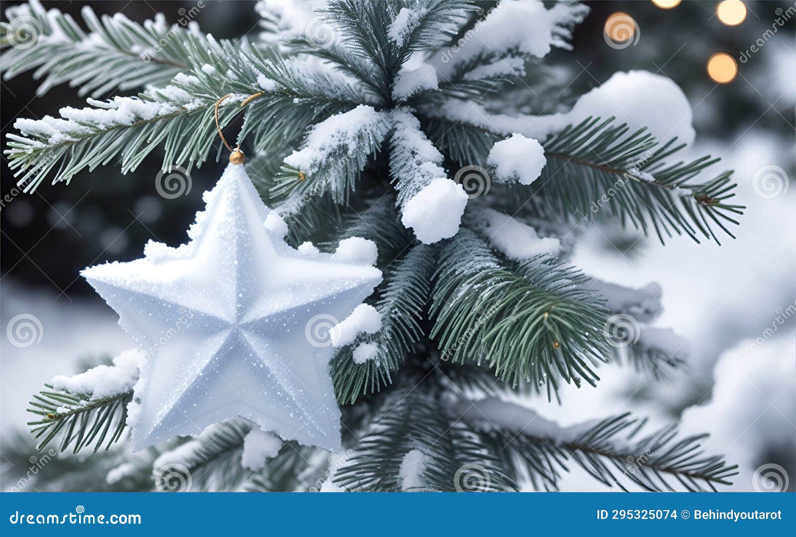 White Star on a Snowcovered Tree. the Star is Surrounded by Sparkling