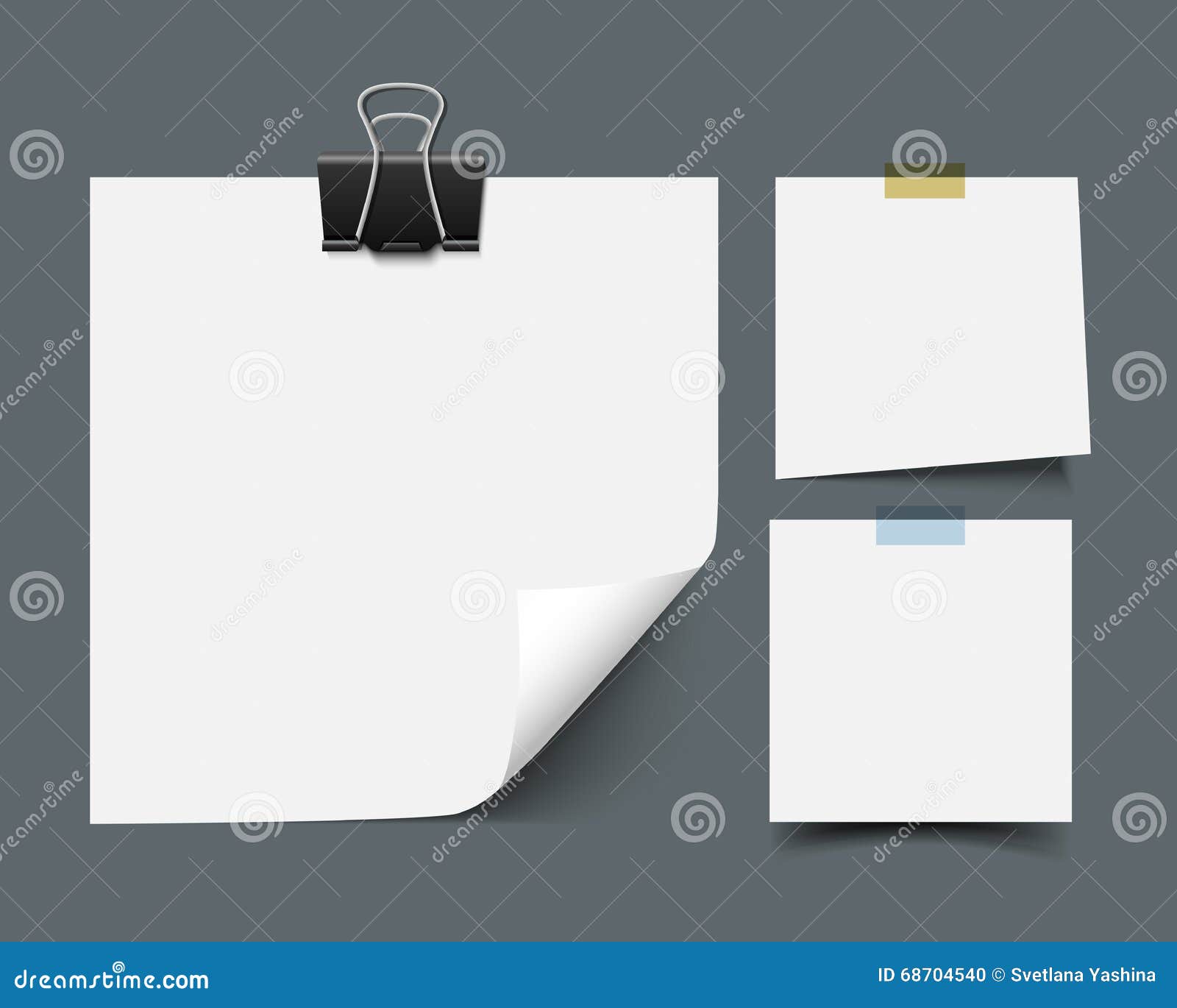White sticky note paper sheets. White blank sticky note paper sheets with curled corners with scotch tape and paper clip isolated on dark background. Realistic vector illustration of paper notes. Reminder paper