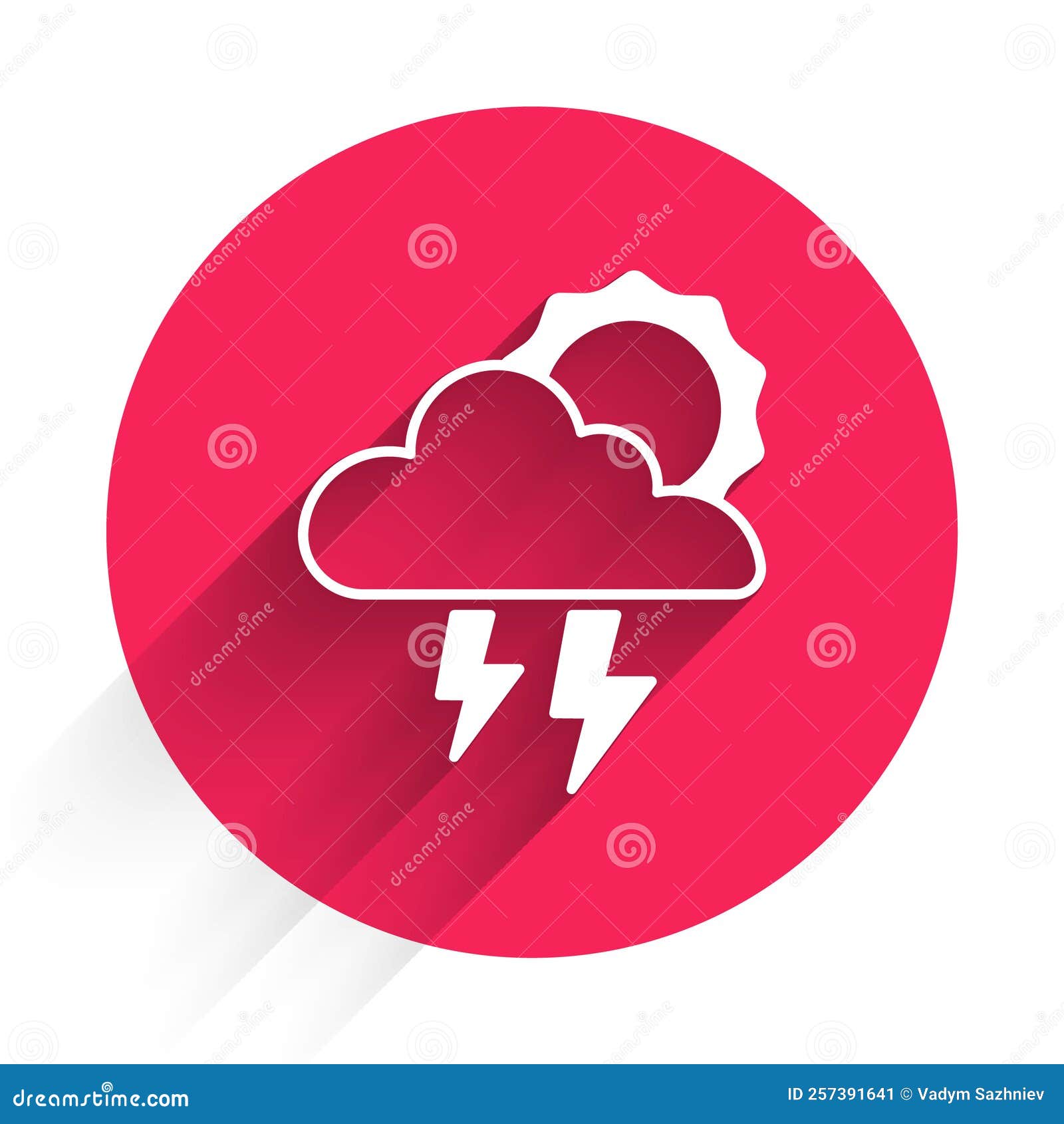 White Storm Icon Isolated with Long Shadow. Cloud with Lightning and
