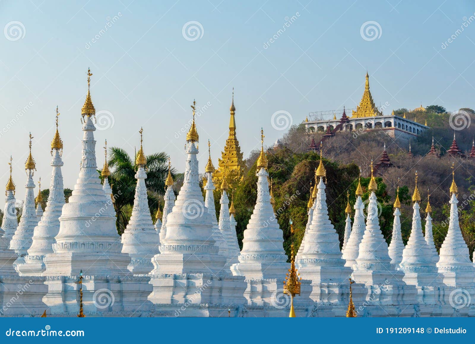 white stupas of sanda muni pagoda in mandalay burma myanmar