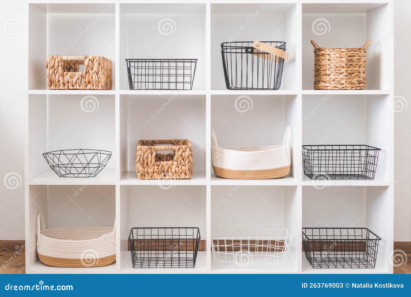 White Stylish Shelf in Scandi Style. Storage Baskets. Japanese