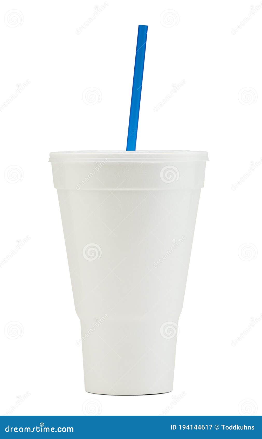 white styrofoam soda fountain drink cup with a blue straw
