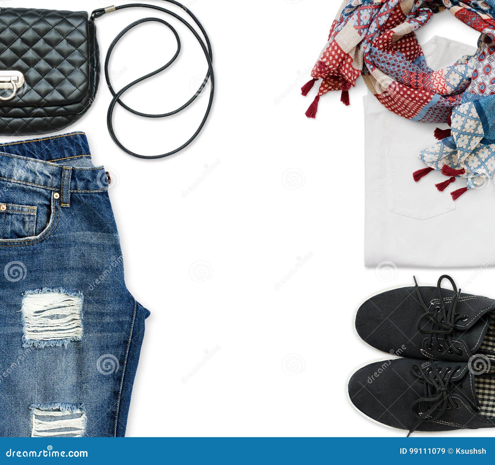 White T-shirt, Blue Boyfriend Jeans, Crossbody Bag, Scarf and Bl Stock ...