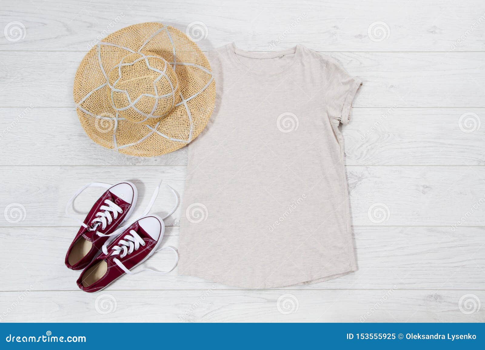 White T Shirt Mock Up Flat Lay on Wooden Background. Top View and Copy ...