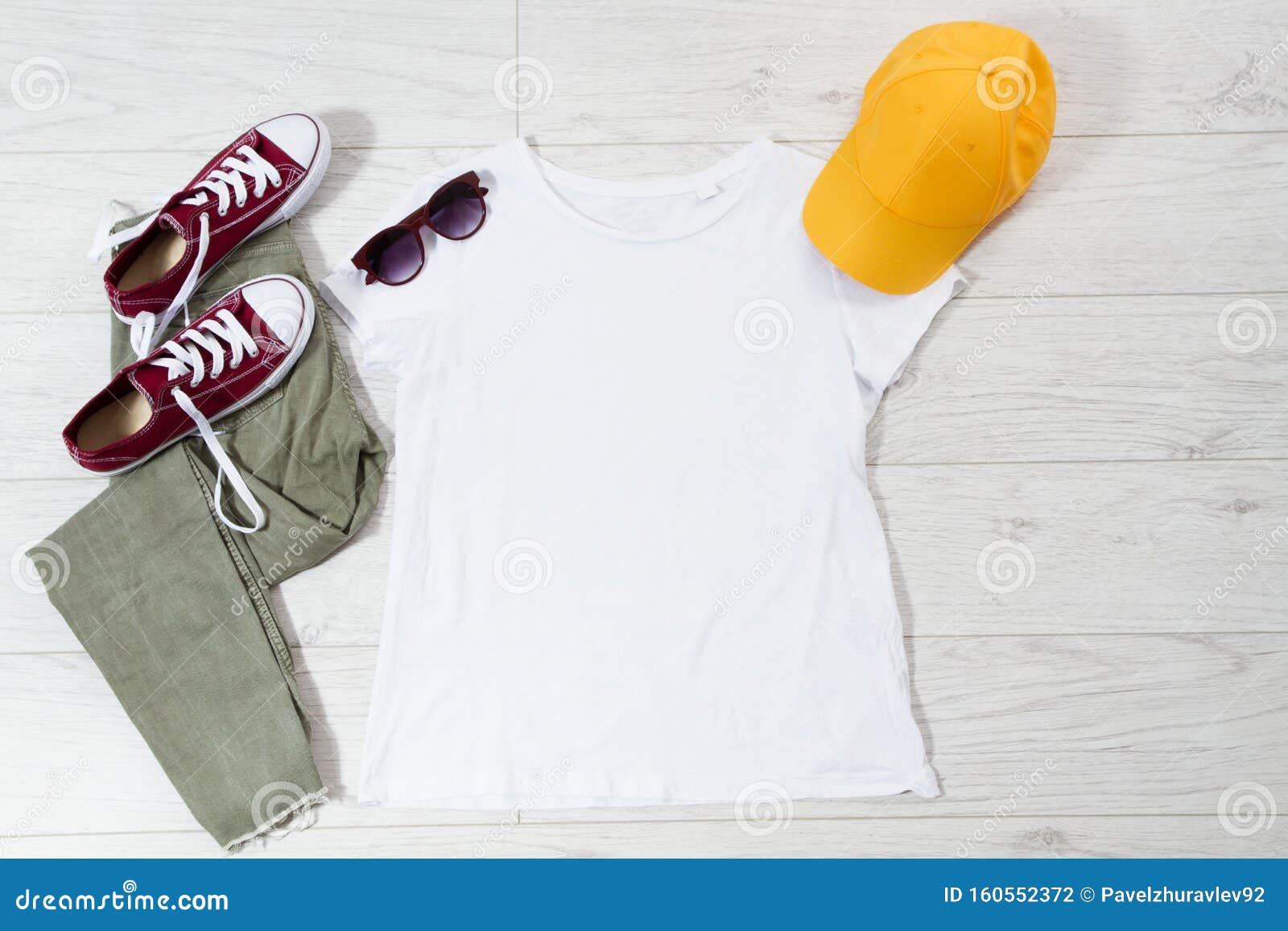 White T Shirt Mock Up Flat Lay on Wooden Background. Top View and Copy ...