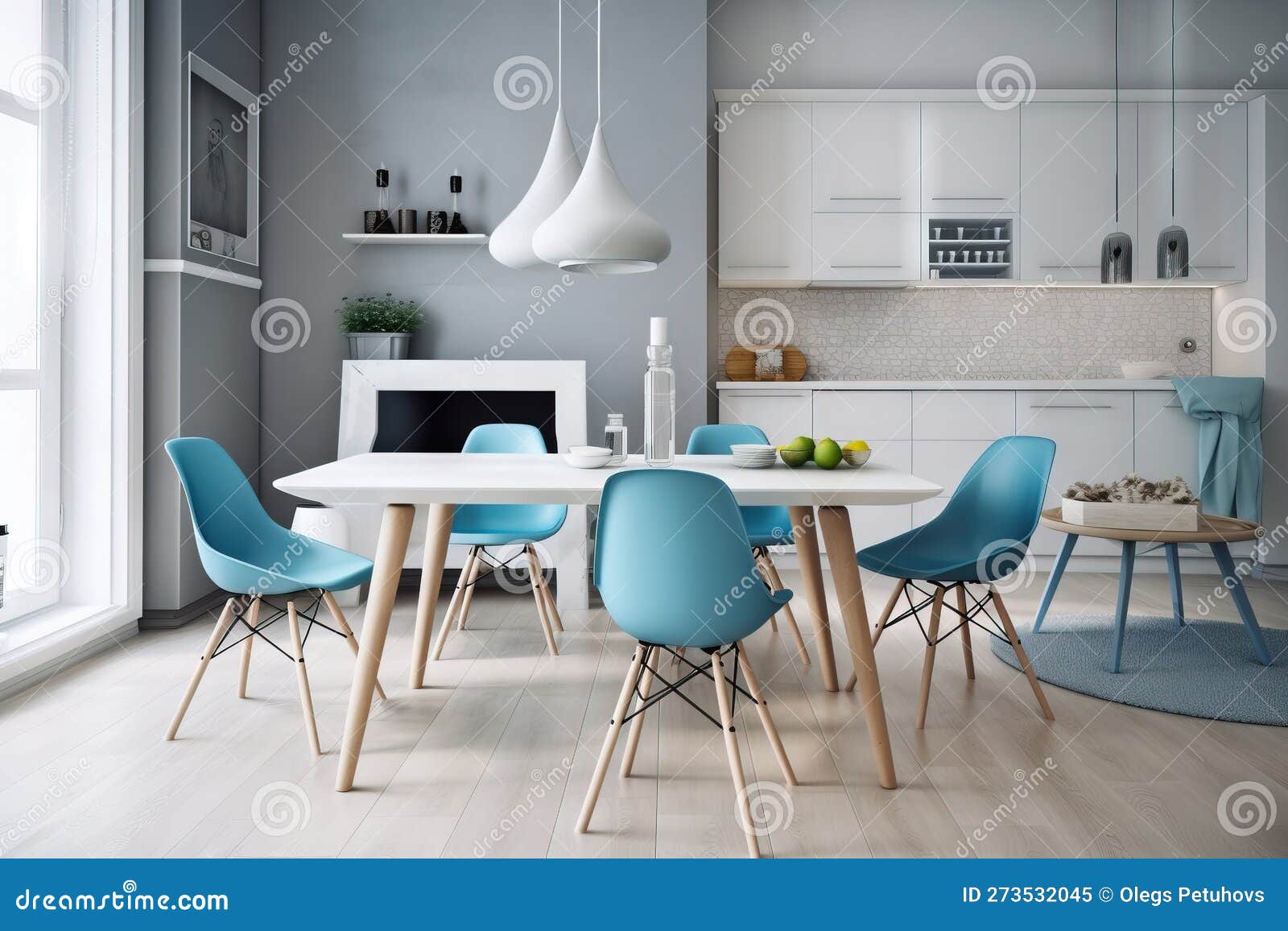 A White Table with Blue Chairs and a White Table with a White Table and
