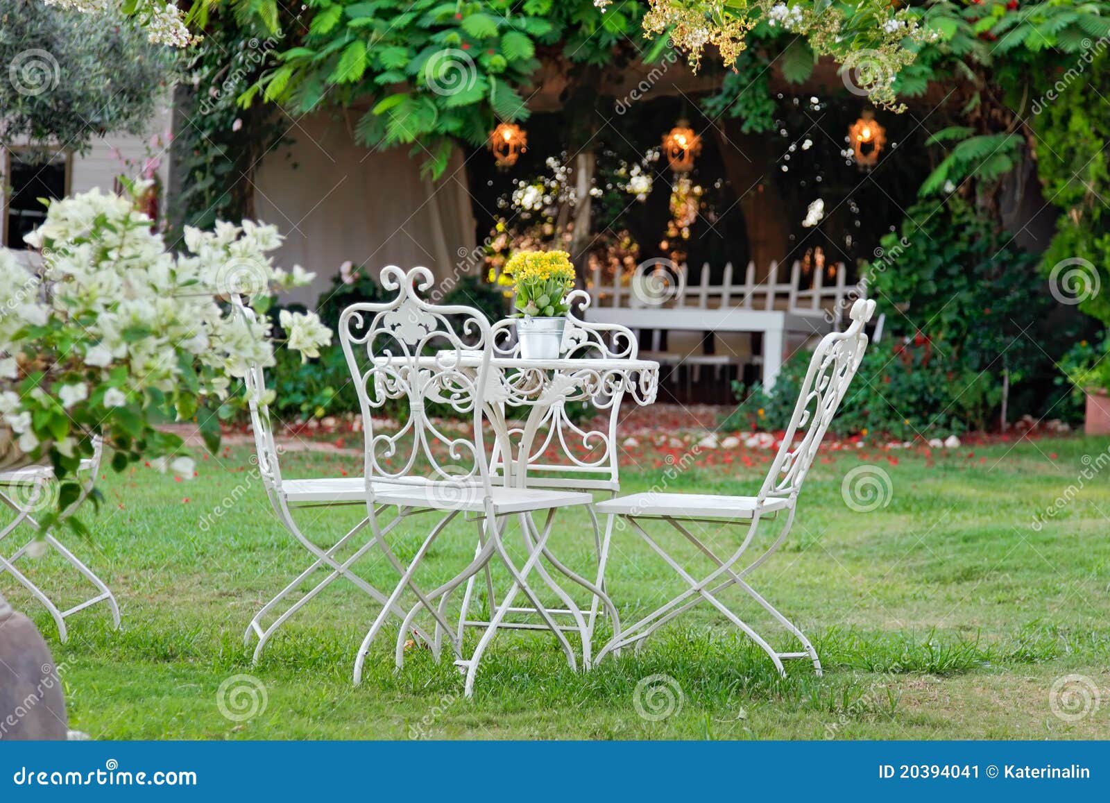 White Table and Chairs in Beautiful Garden, Outdoo Stock Image Image