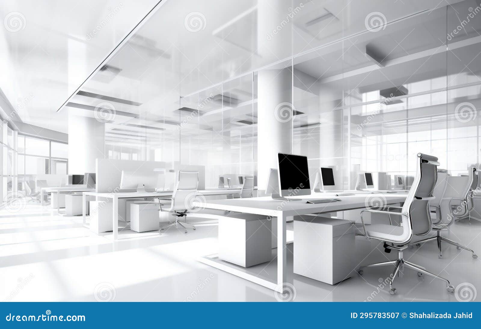 White Table Office Interior with Large Windows, White Walls and a Black