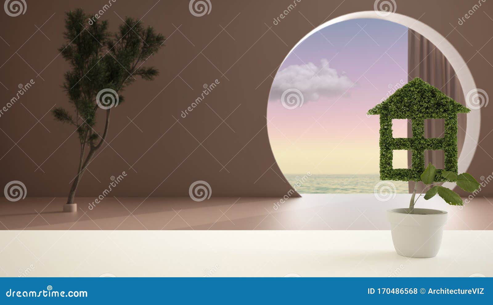 white table top or shelf with green plant in pot d like house, empty space with arched door, lamp in the background, interior