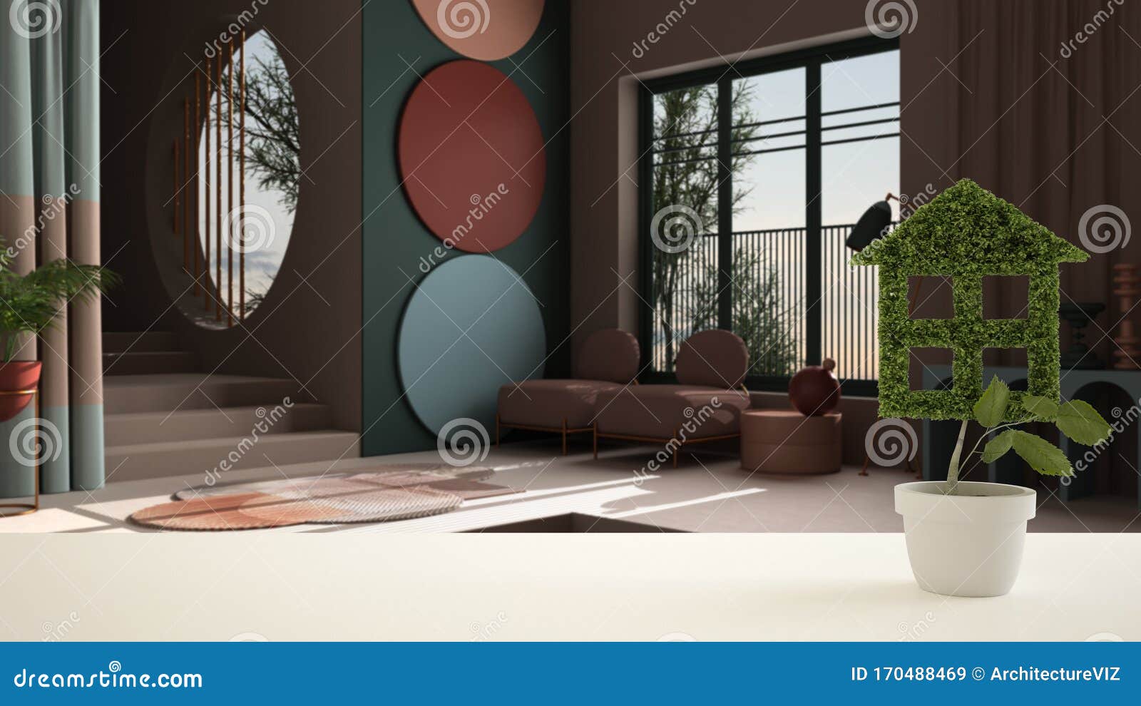 white table top or shelf with green plant in pot d like house, modern abstract living room with panoramic window, interior