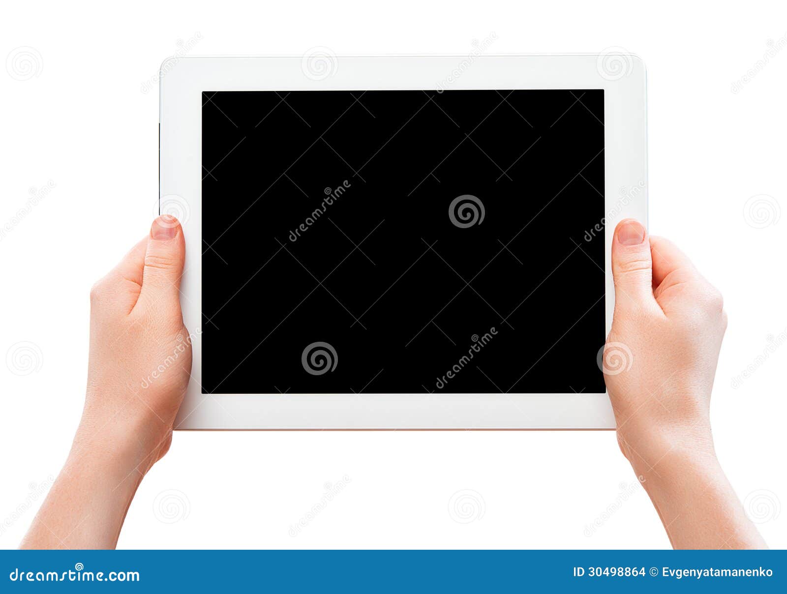 White Tablet Computer With A Black Blank Screen In The Human Ha Stock