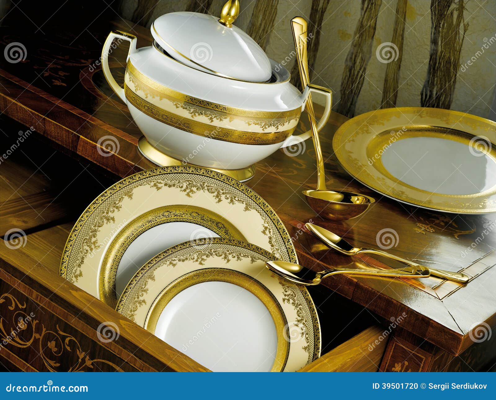 White Tableware Set with Gold Trim Stock Photo Image of plate, arrangement 39501720
