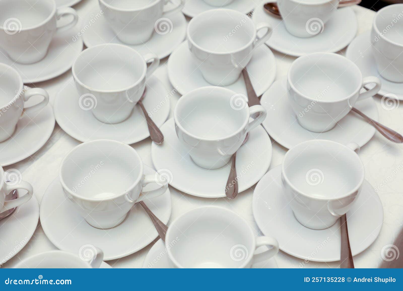 White tea cups with spoons stock photo. Image of drink 257135228