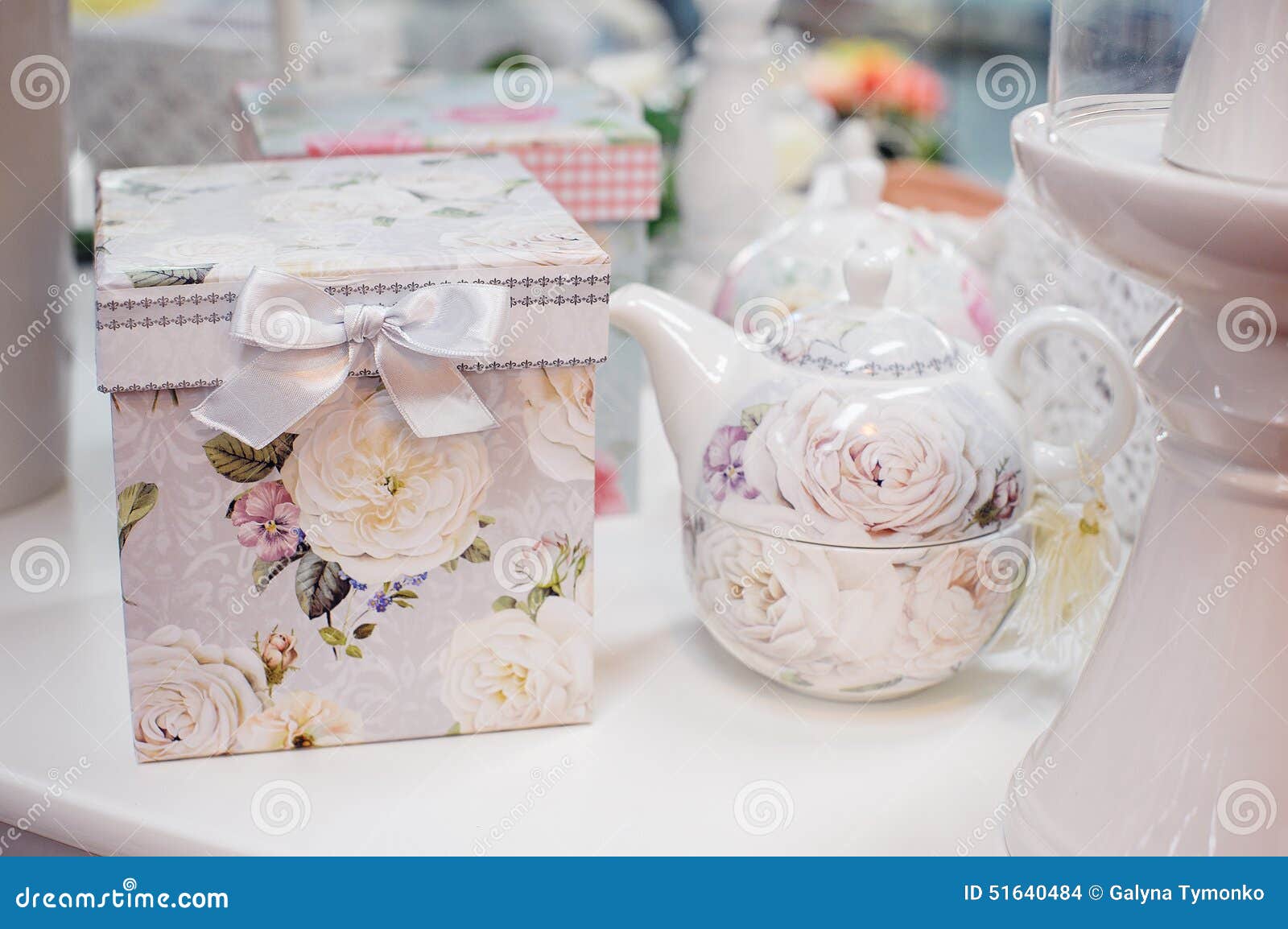 White Teapot and a Box with a Picture of Roses Stock Photo Image of