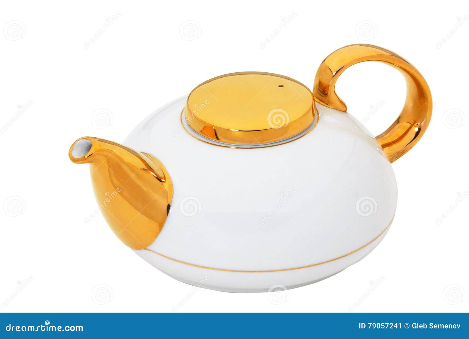White Teapot with Gold and Ceramic Handle Isolated on White with Stock