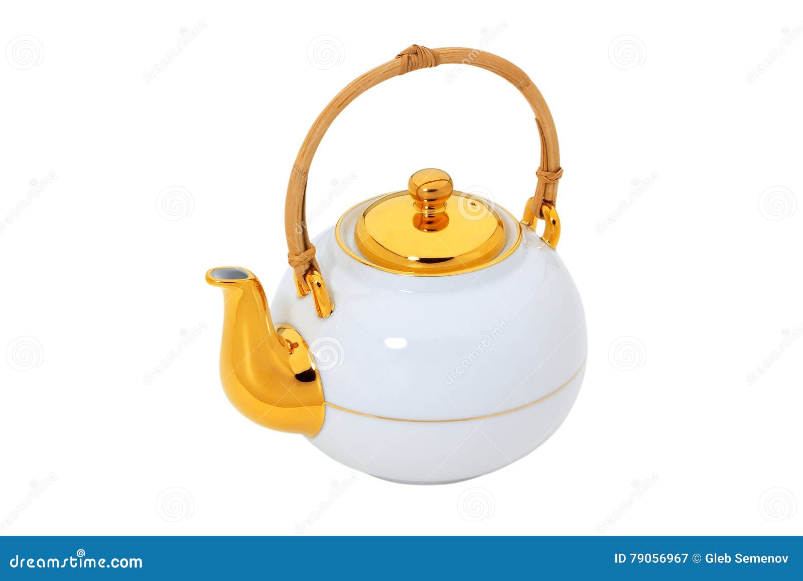 White Teapot with Gold and Wooden Handle Isolated with Clipping Stock
