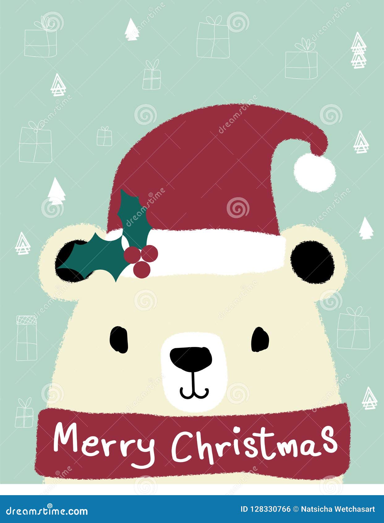 White Teddy Bear Wears Red Santa Clause Hat, Stock Vector ...