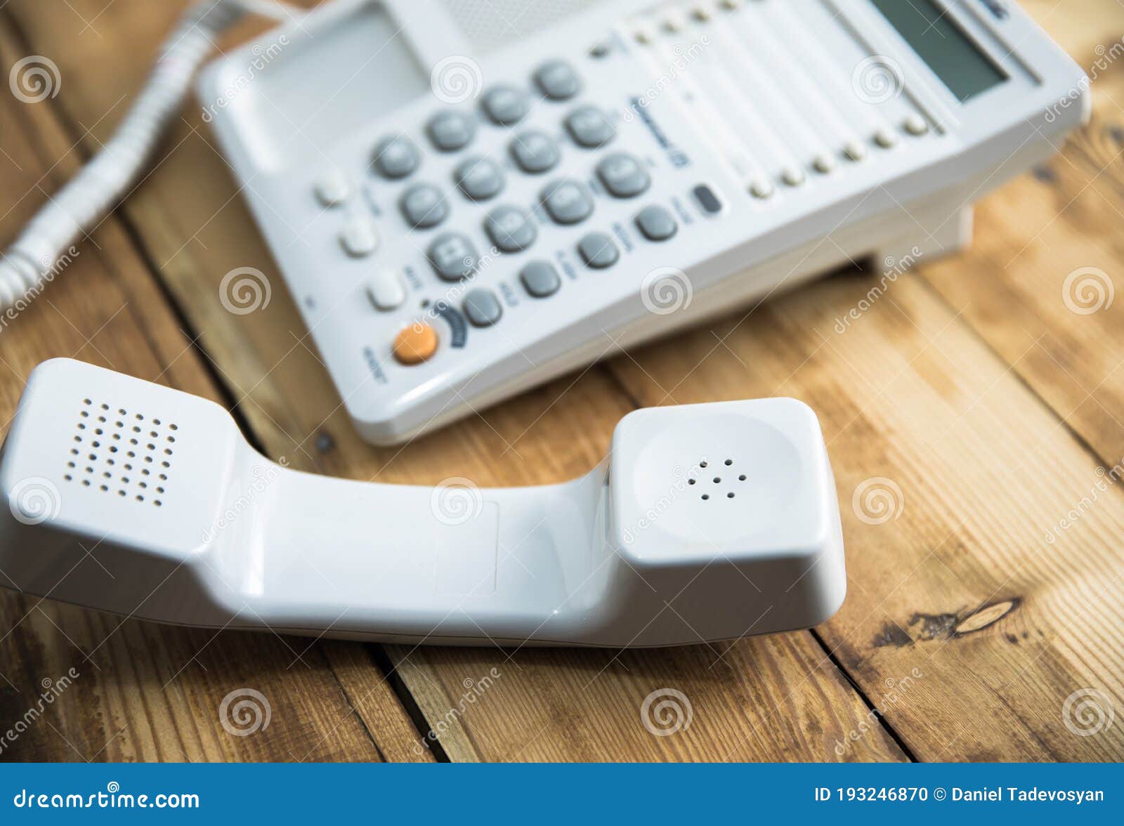 White telephone on table stock photo. Image of connection 193246870