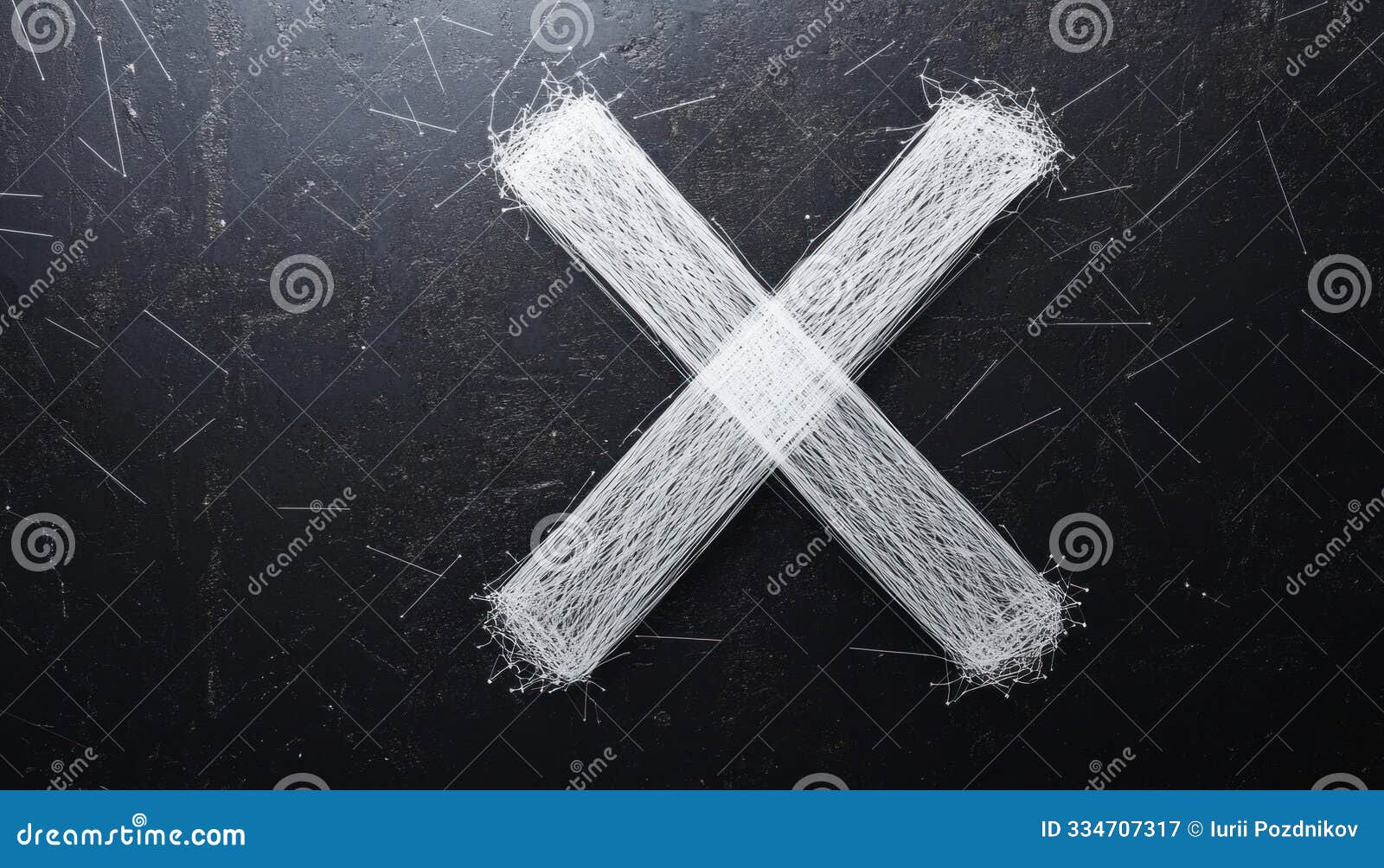 white threads forming an x  on black background