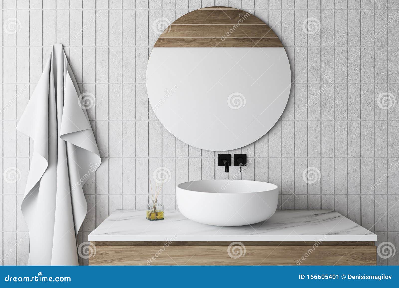 White Tile Bathroom With Sink And Round Mirror Stock Illustration