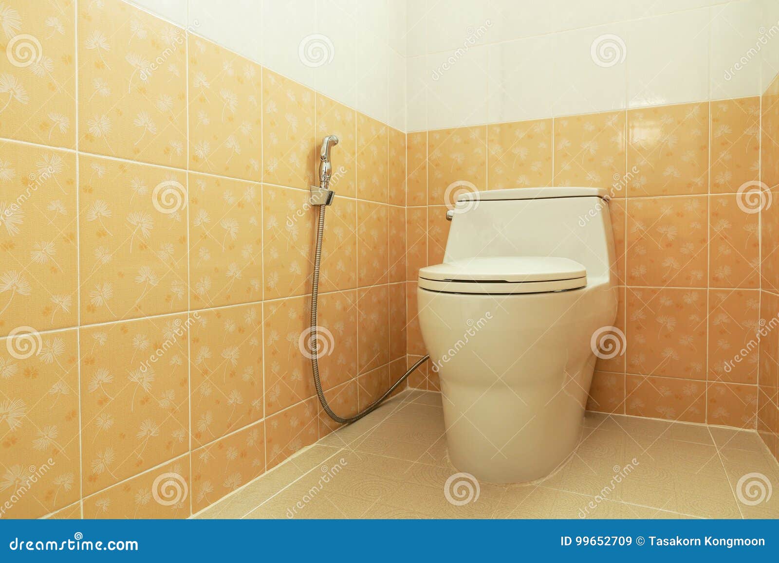 White Toilet Bowl with Rinse Spray Hose in Modern Toilet Stock Image
