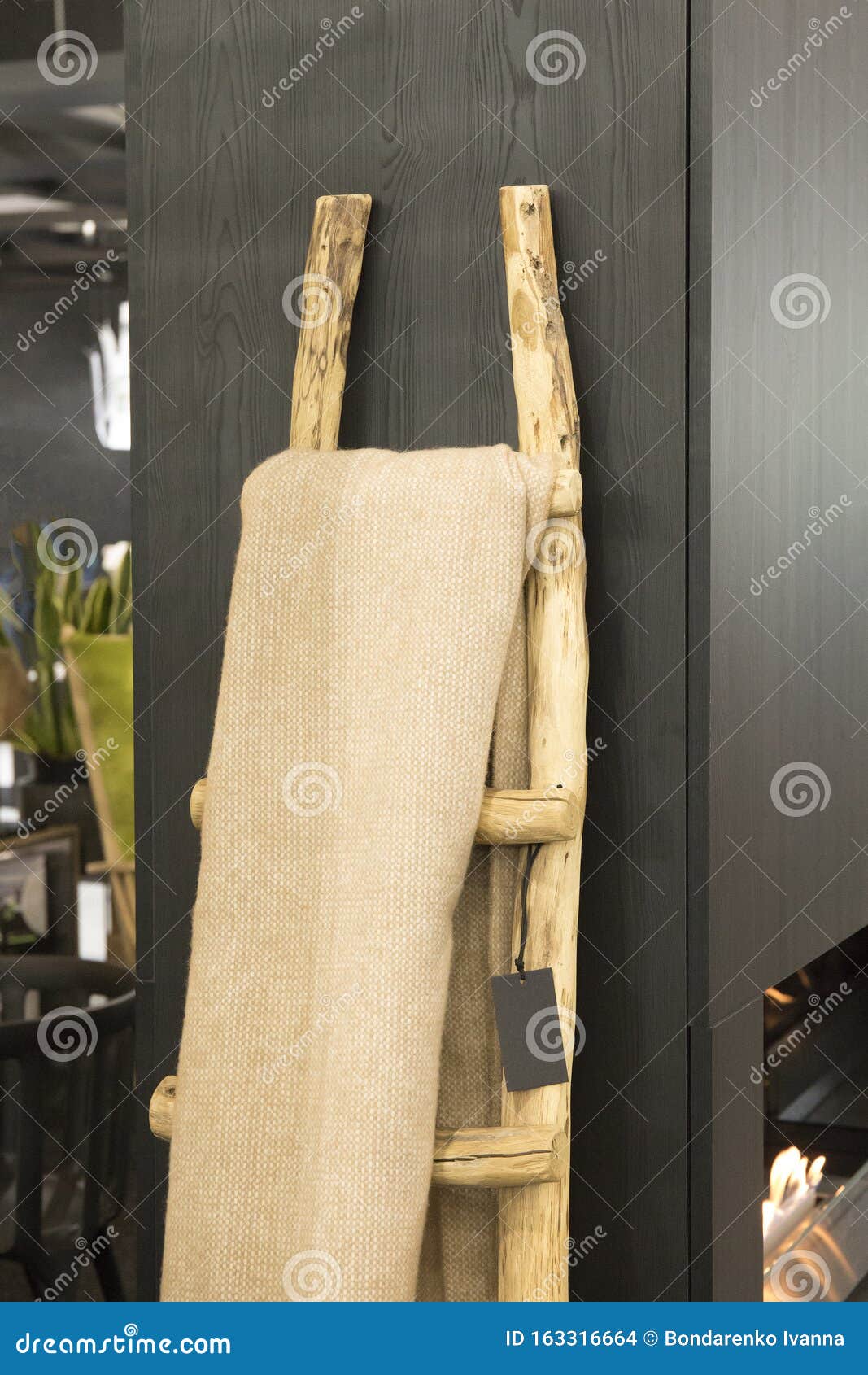 White Towel Plaid Hanging On Rustic Wooden Ladder Stock Photo Image Of Rustic Bathroom 163316664