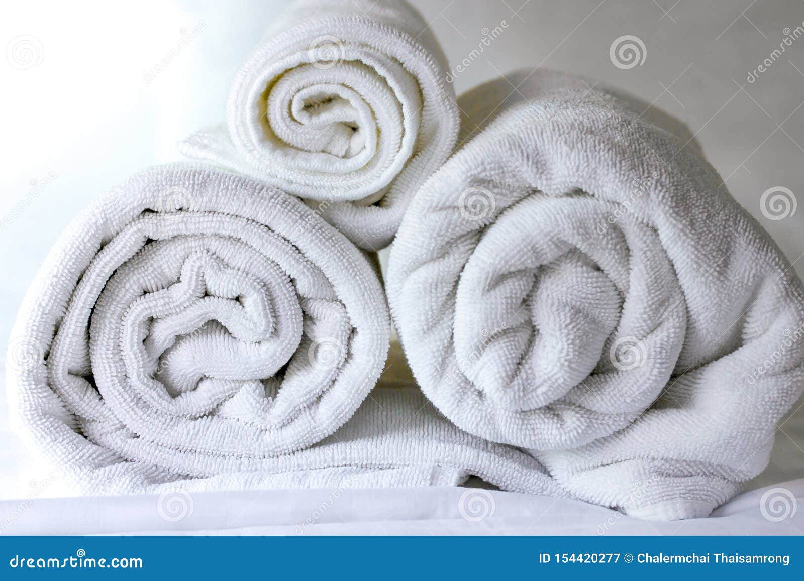 White Towel Roll on Bed in Hotel,Close Up Stock Image Image of linen