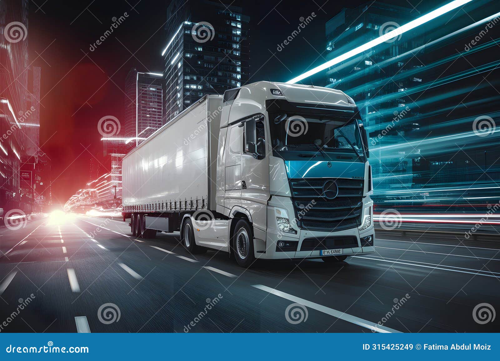 white truck speeds through modern city with light effects