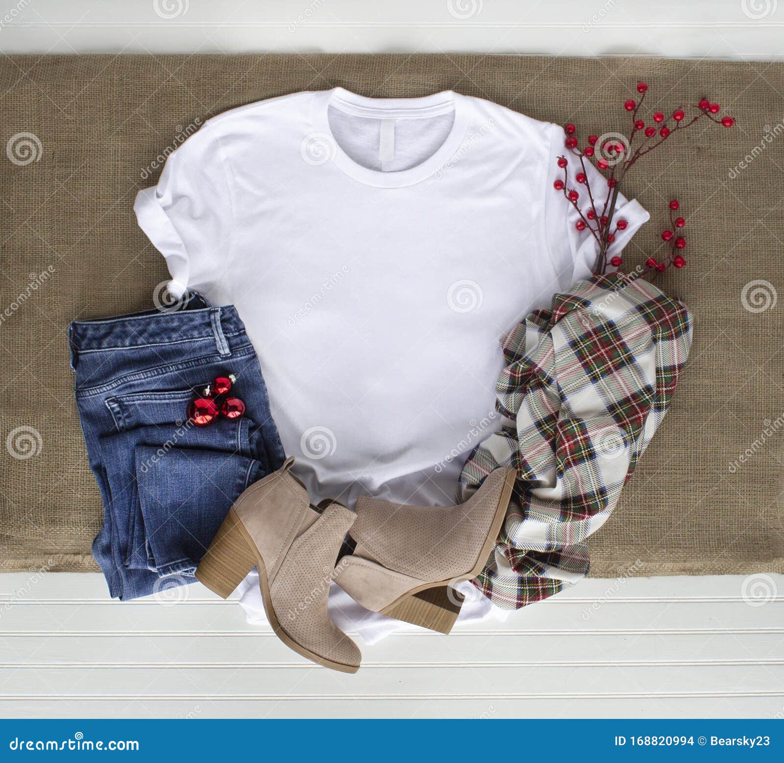 Download White Tshirt Mockup - Shirt Boots Plaid Scarf And Jeans ...