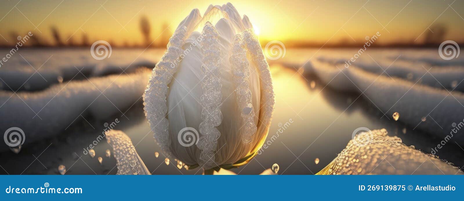 white tulip with frozen water drops during a sunset, banner