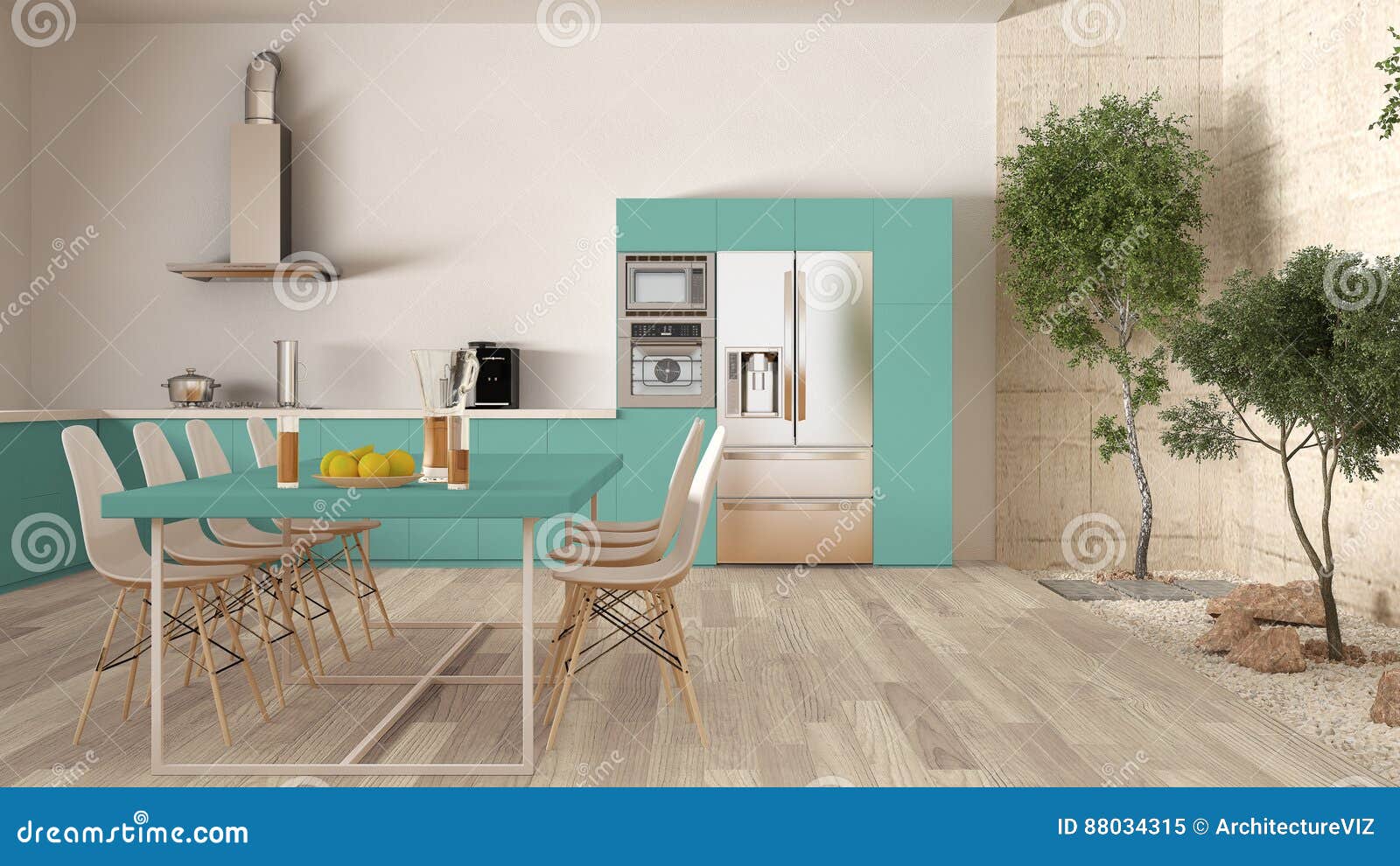 White And Turquoise Kitchen With Inner Garden Minimal Interior