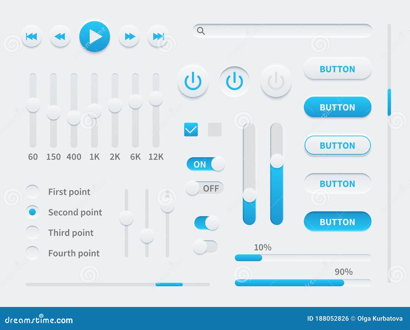 white ui. user interface s for mobile app, websites, social media display buttons, sliders and selectors