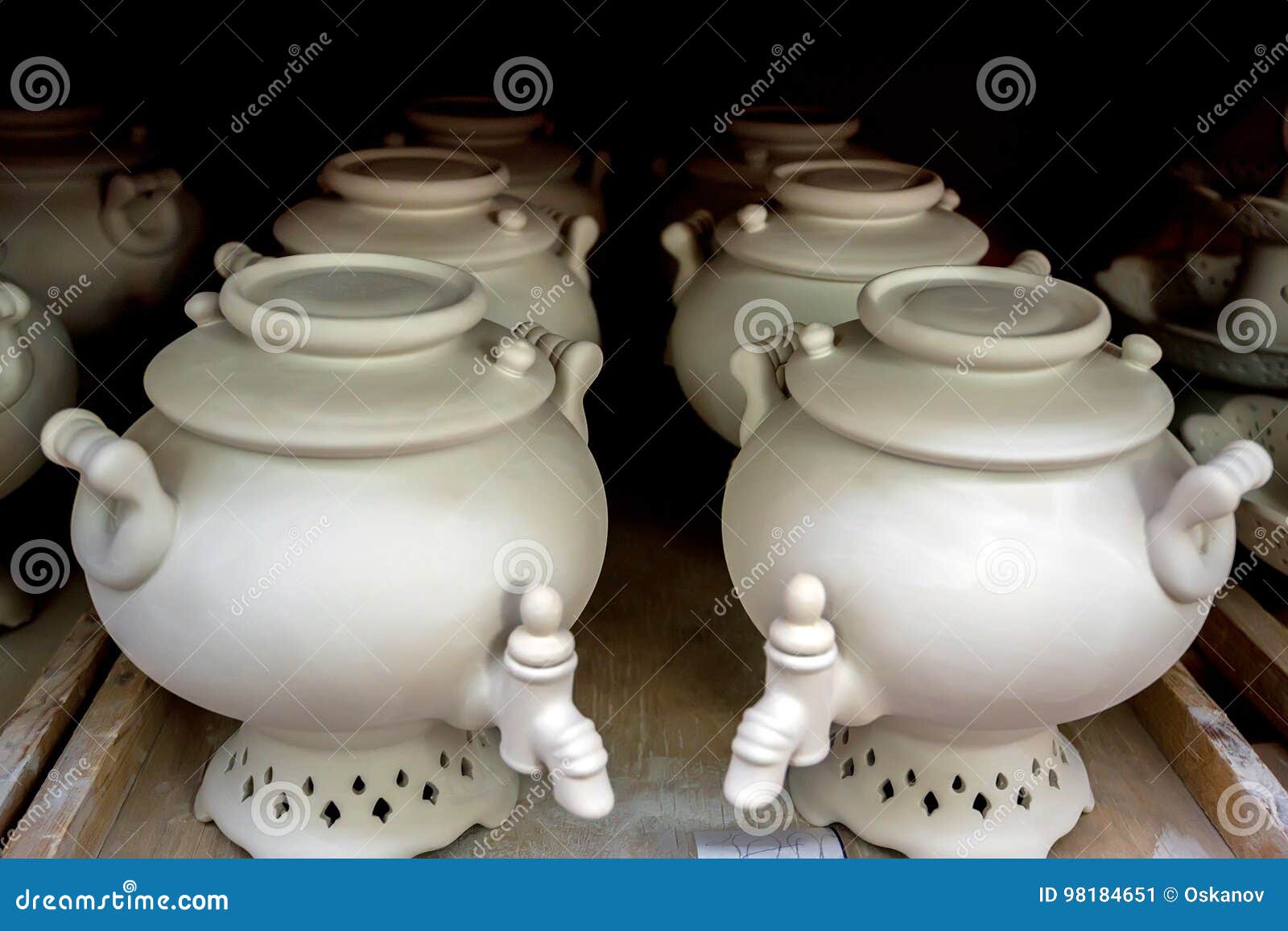 white unpainted earthenware samovars