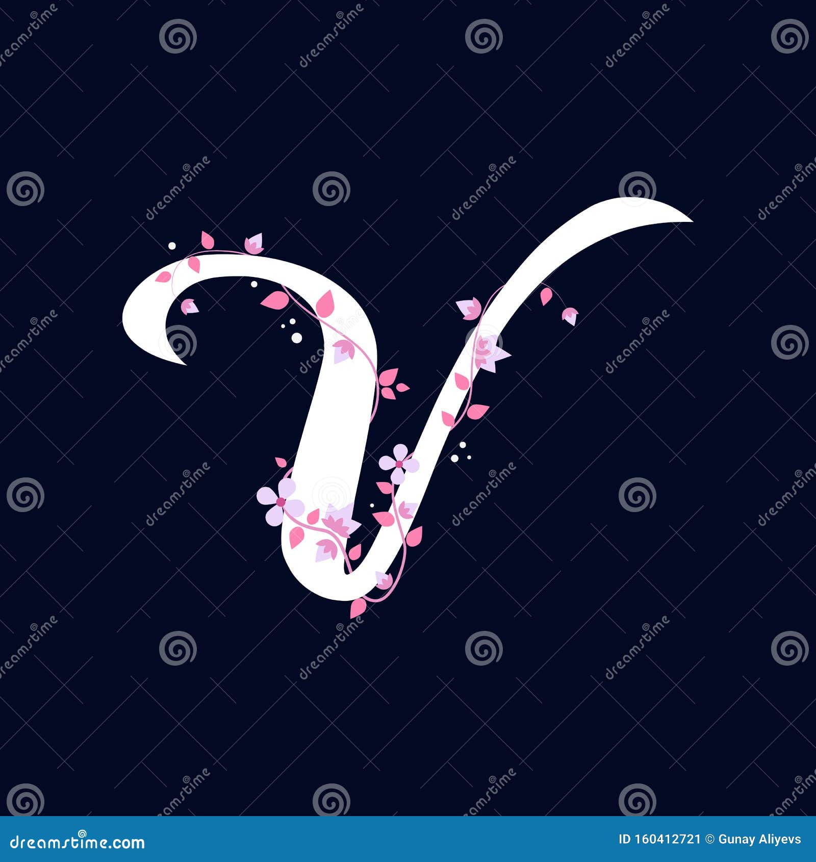 White V Letter With Flowers Alphabet Illustration On Dark Blue Stock Illustration Illustration Of Abstract Flower