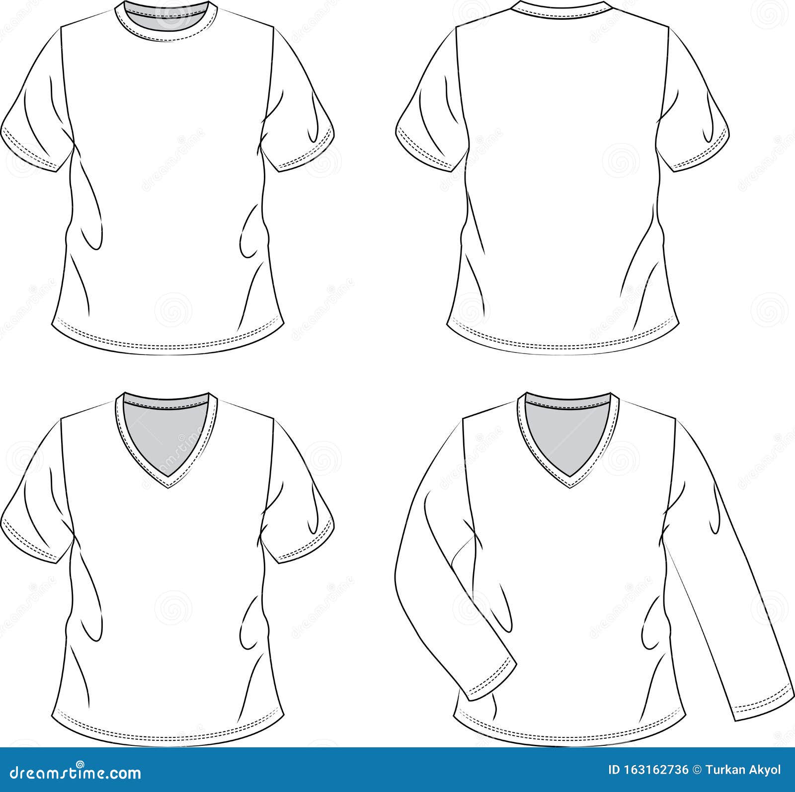 White V-Neck and Round Collar, T Shirt Vector, Front and Back Views ...